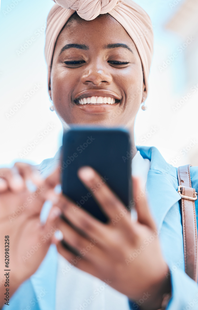 Phone, business and black woman typing in city for social media, internet and online conversation. T