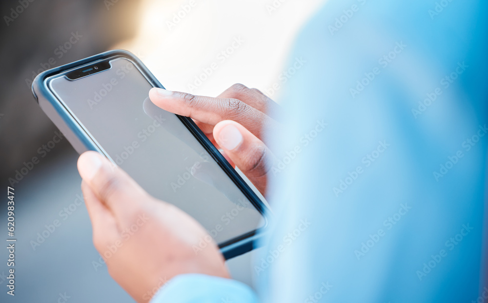 Closeup, screen and woman with a smartphone, typing and internet connection with social media, chatt