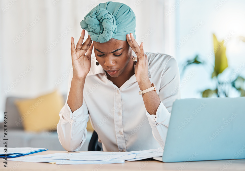 Tax stress, paperwork and a black woman with a headache from a finance audit or accounting problem. 