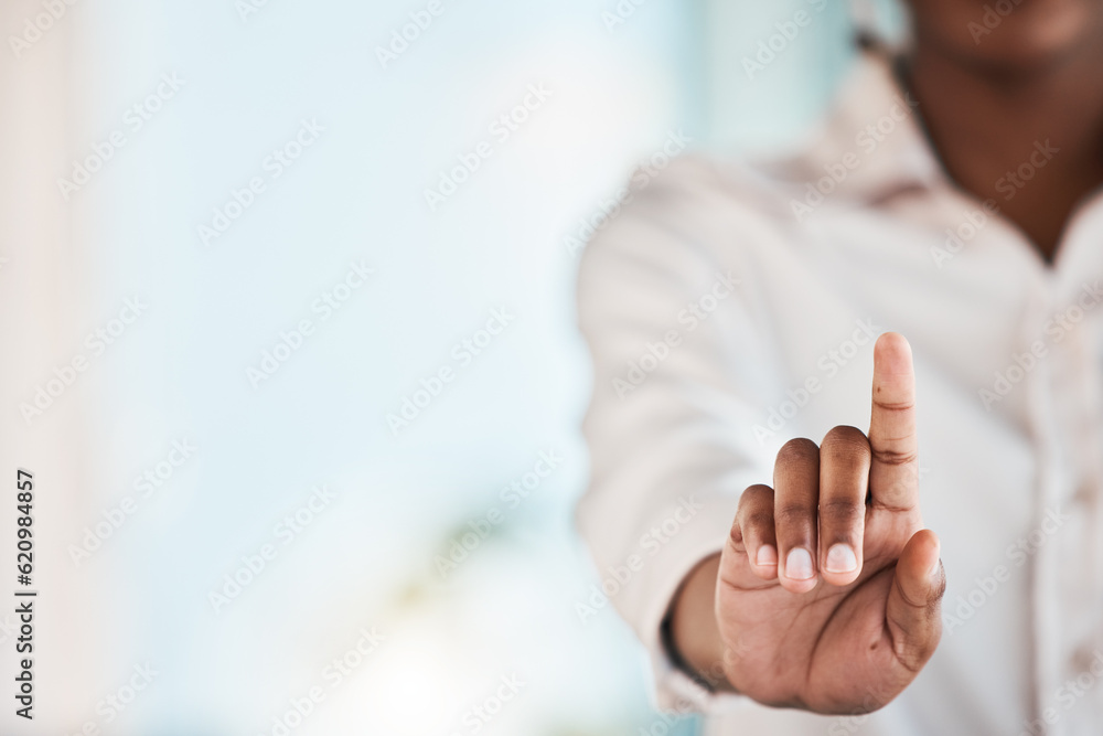 Finger, digital interface and business woman with hand gesture for biometrics, hud and ui mockup. Co