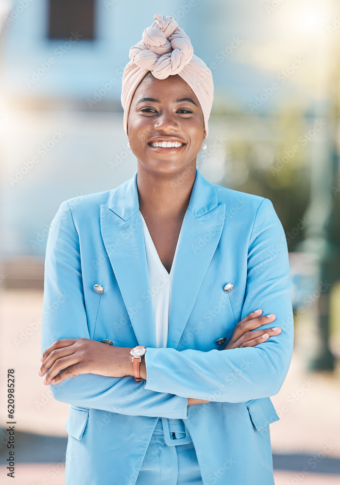 City pride, portrait and a black woman with arms crossed for business or corporate work. Smile, prof