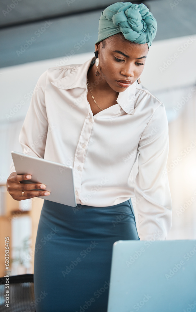 Black woman, business and working on laptop, tablet and research online website in law firm. Attorne