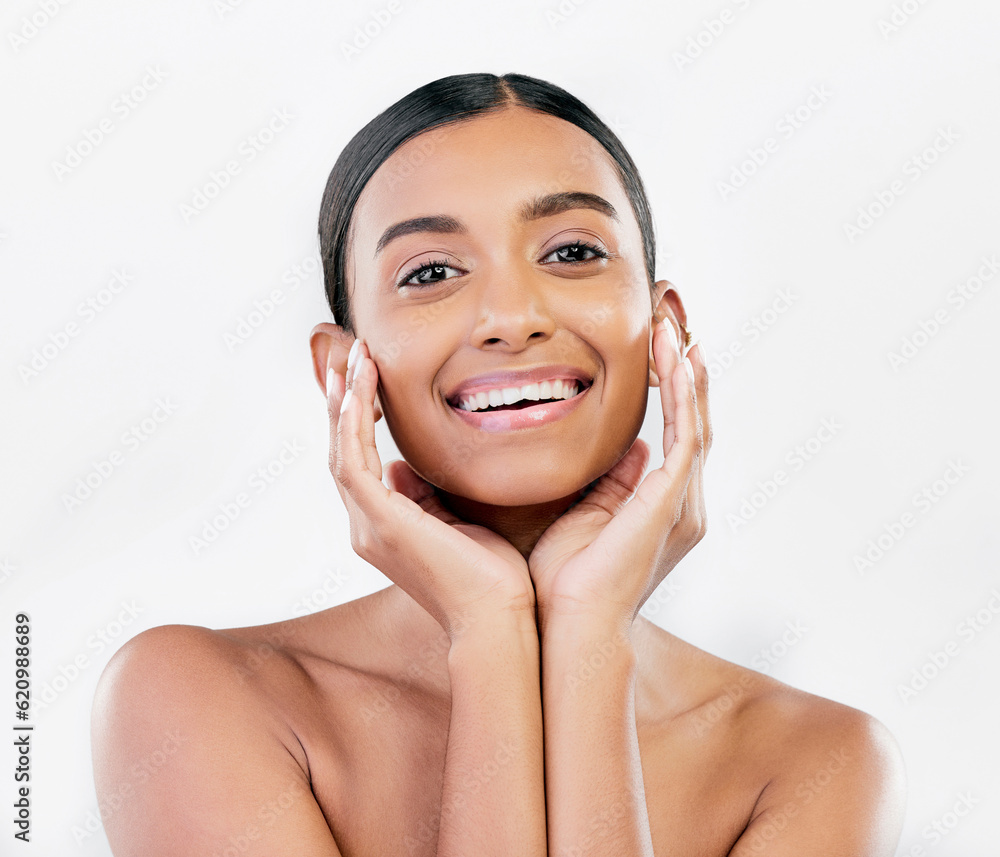 Beauty, skin and face portrait of a happy woman with natural glow isolated on a white background. De