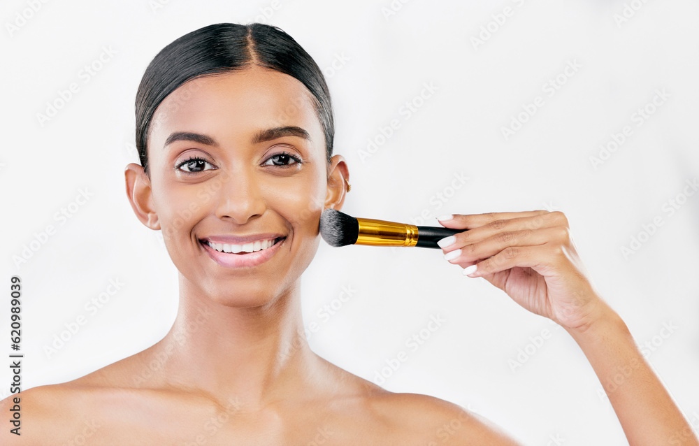 Portrait, indian woman and brush for face makeup, cosmetics and aesthetic tools on white background,