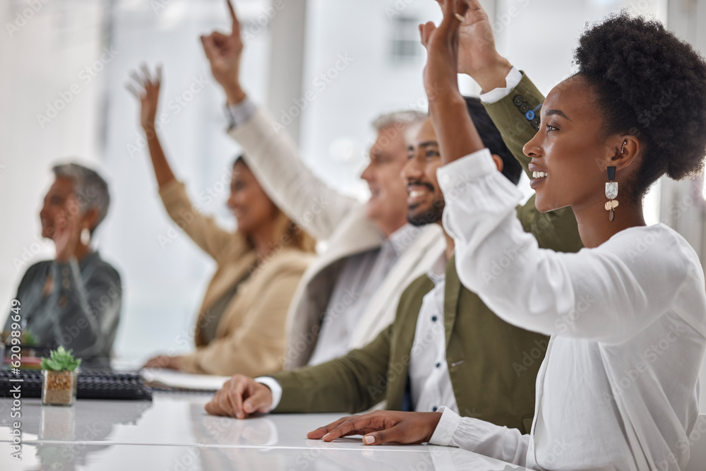 Meeting, workshop and questions with business people hands raised in the boardroom during a strategy