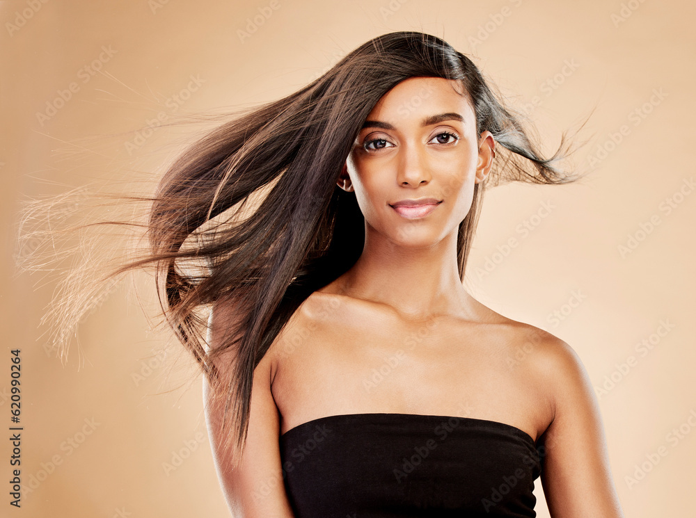 Woman, portrait and hair care for beauty salon, cosmetics or treatment against a studio background. 