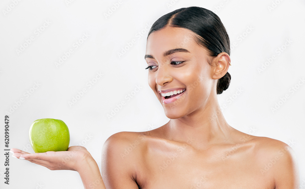 Beauty, woman and apple in hands for skincare and natural glow isolated on white background. Dermato