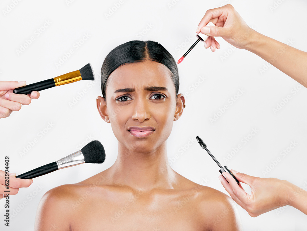 Makeup, brush and anxiety, woman with beauty shine and overwhelmed with beautician on white backgrou