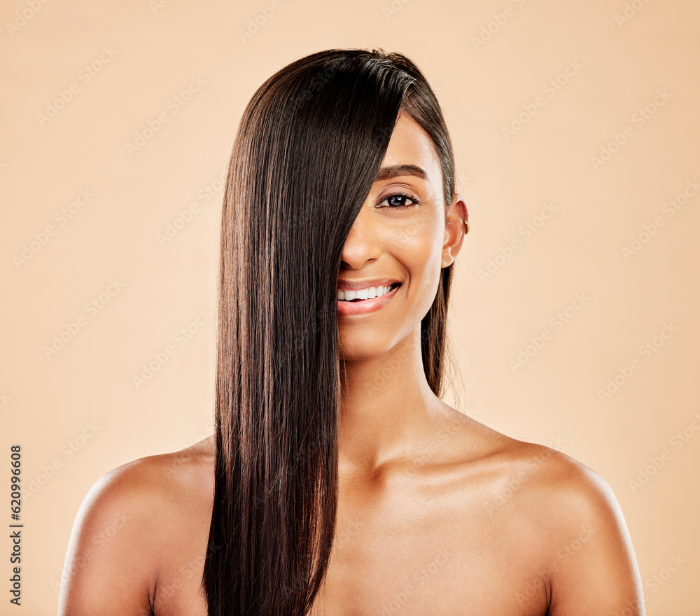 Hair care, smile and portrait of a woman on a studio background with salon treatment. Beauty, happy 