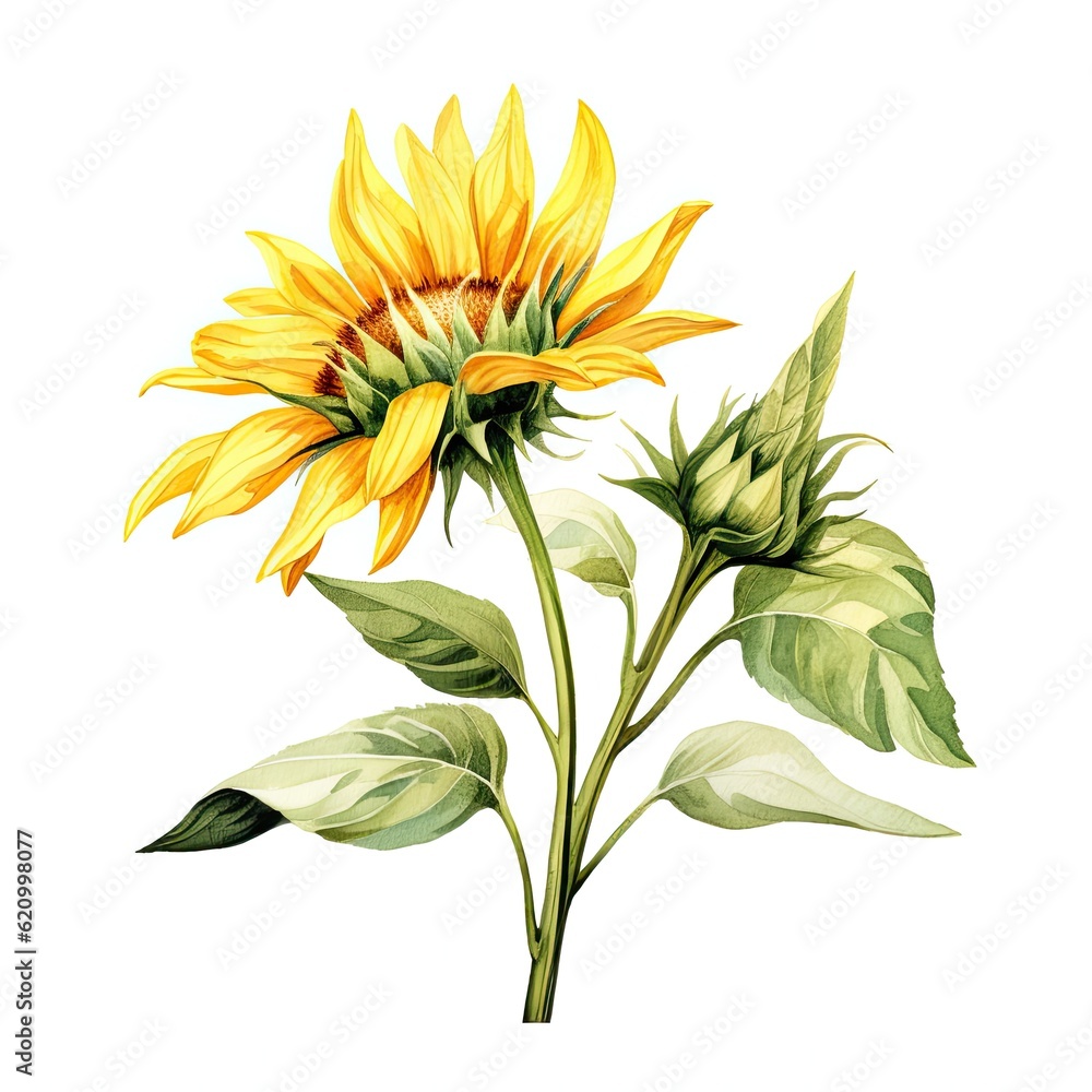 Sunflower watercolor isolated. Illustration AI Generative.