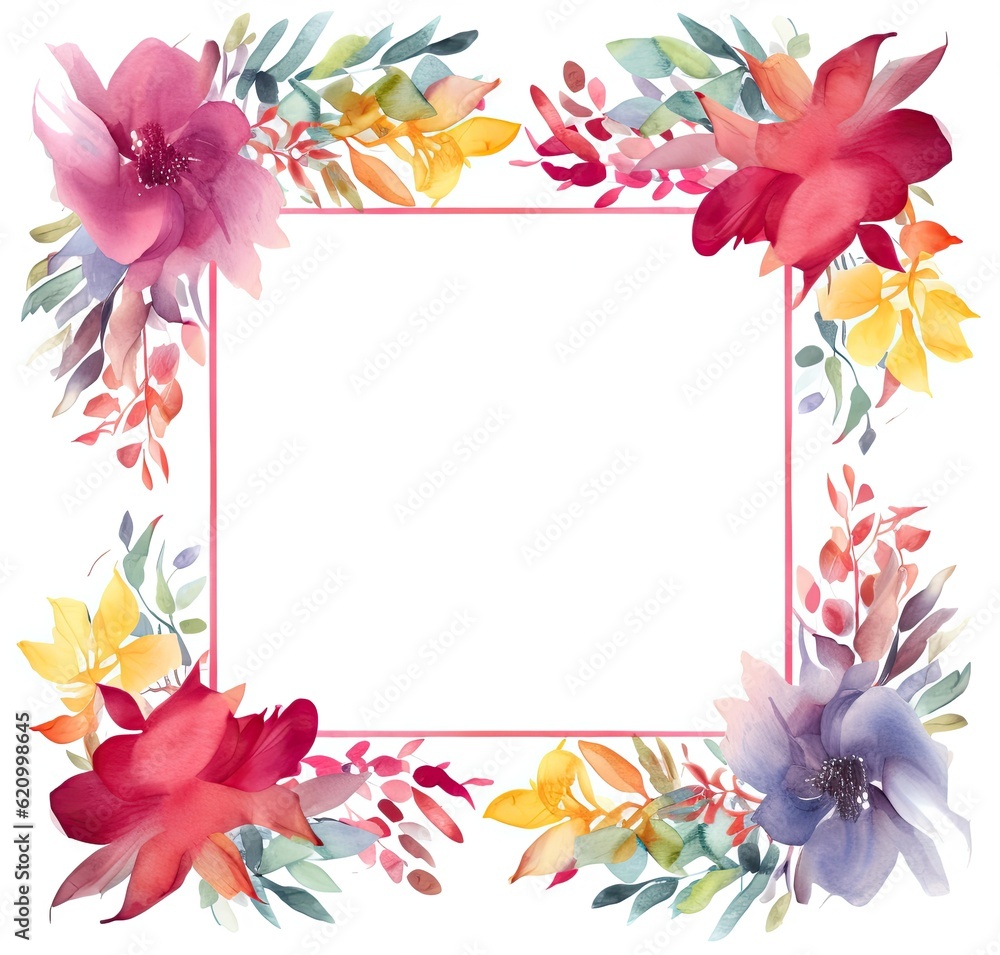 Watercolor floral frame. Illustration AI Generative.