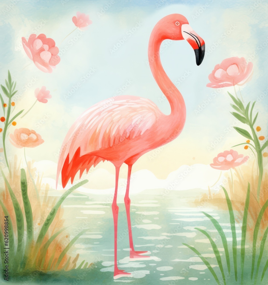 Pink painted flamingo. Illustration AI Generative.