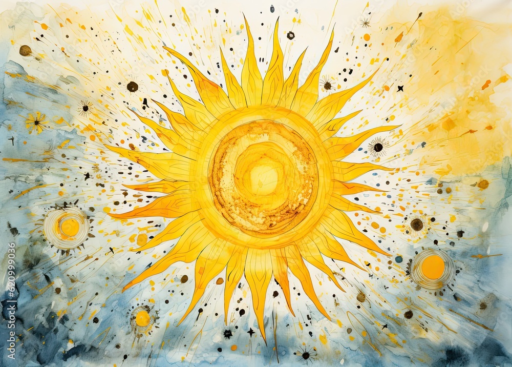 Cute watercolor sun. Illustration AI Generative