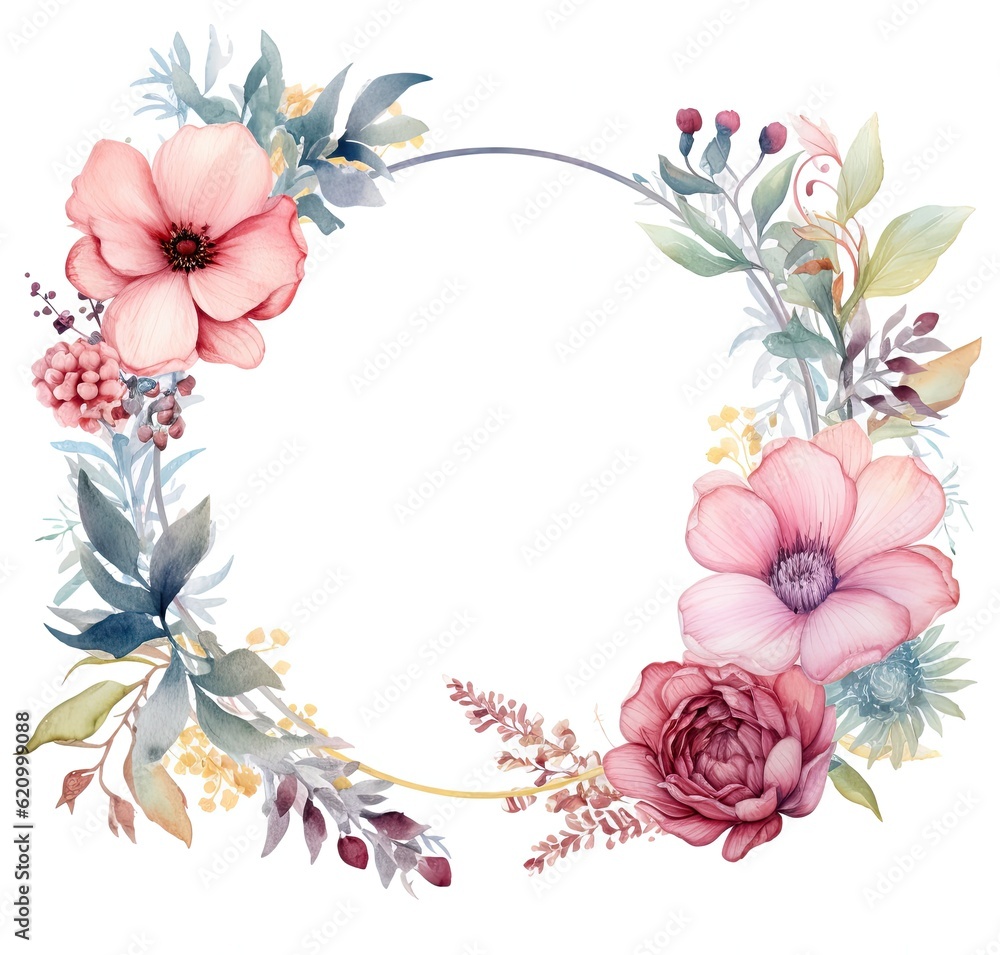 Watercolor floral frame. Illustration AI Generative.