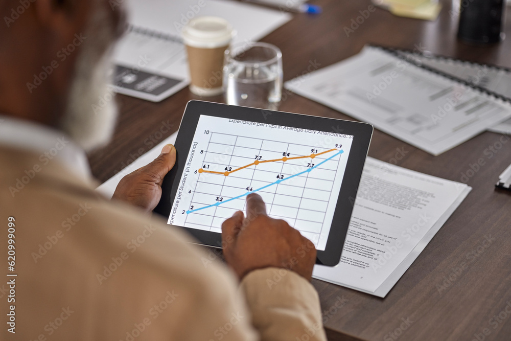 Hand of man in meeting with tablet, charts and graphs, stats for sales report, data and information 