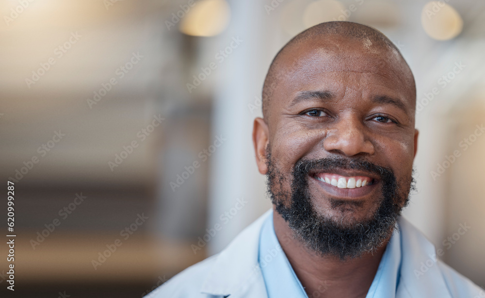 Face, black man and happy doctor in hospital for healthcare, wellness and mockup space. African medi