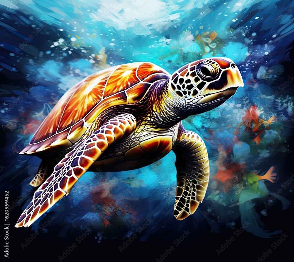 Painted sea turtle. Illustration AI Generative.