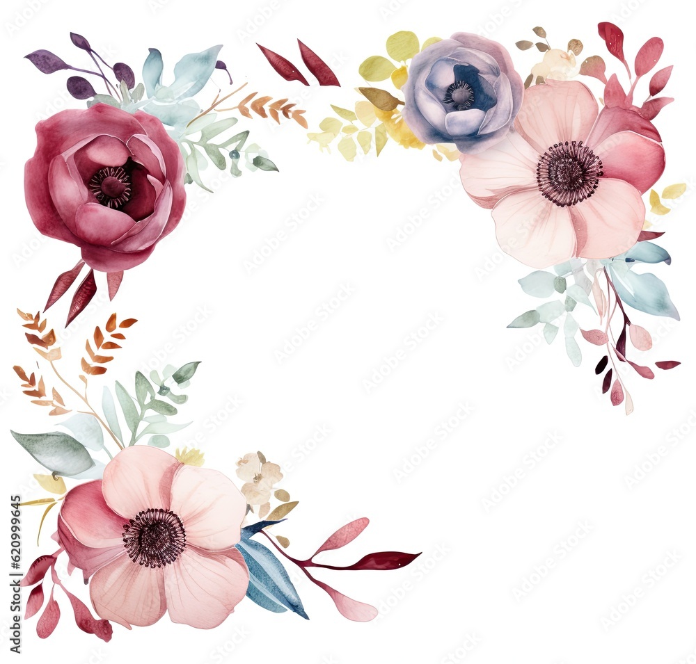 Watercolor floral frame. Illustration AI Generative.