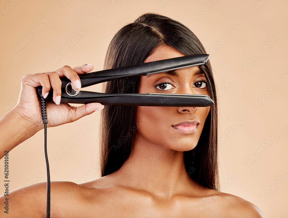 Flat iron, hair and woman with beauty, portrait and hairstyle with appliance isolated on studio back