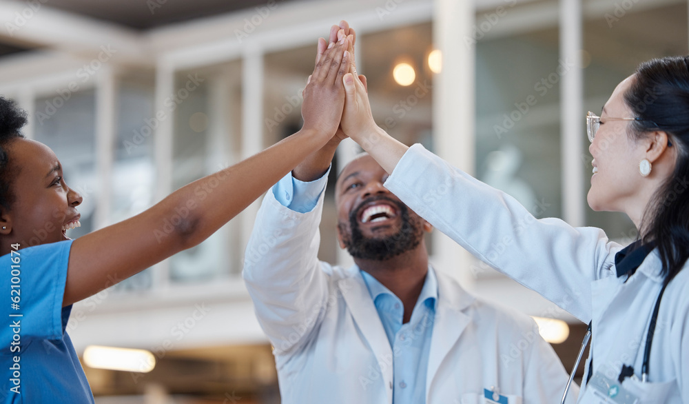 High five, doctors and success of happy teamwork, unity and celebrate medical goals in clinic. Healt