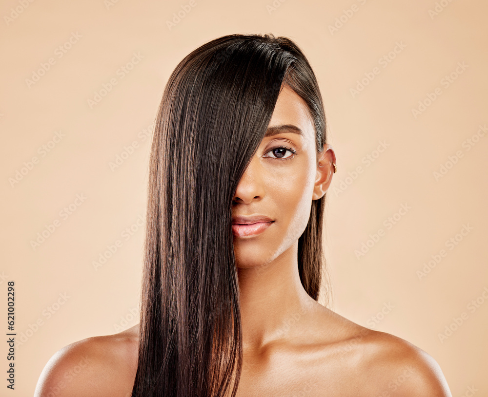 Hair care, cosmetics and portrait of a woman on a studio background with salon treatment. Beauty, he