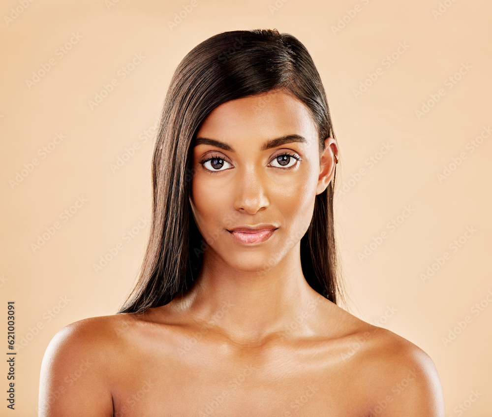 Face, skin and beauty portrait of a woman with natural glow on a beige background. Dermatology, make