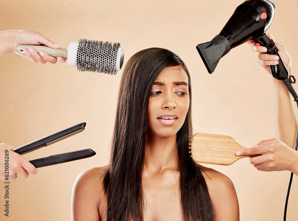 Hair, electric tools and damage of woman for beauty, heat treatment and stress on studio background.