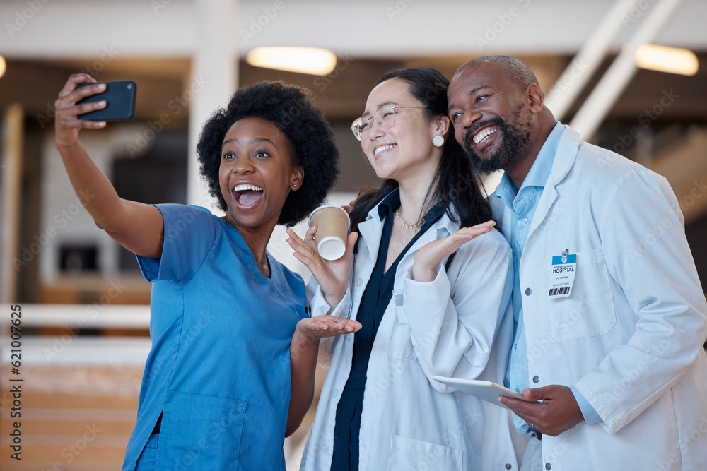 Diversity, happy and group selfie of doctors, surgeon or emergency care workforce in hospital, clini