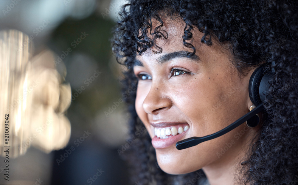 Smile, call center and woman in office consulting in crm, telemarketing or customer service. Happy, 