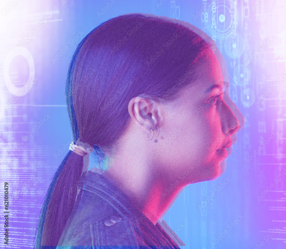 Neon, hologram screen and face of woman in studio for cyberpunk, metaverse and user experience. Virt