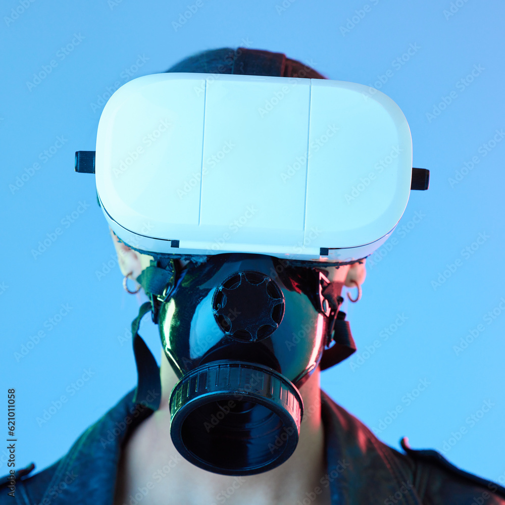 Woman, vr glasses and face mask in studio for user experience, gaming or 4d movie by blue background