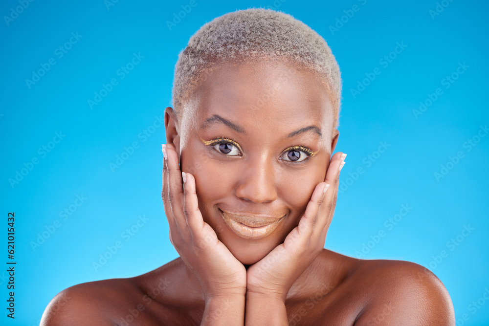 Face, makeup portrait and happy black woman with aesthetic eyeliner, studio cosmetics and luxury ski