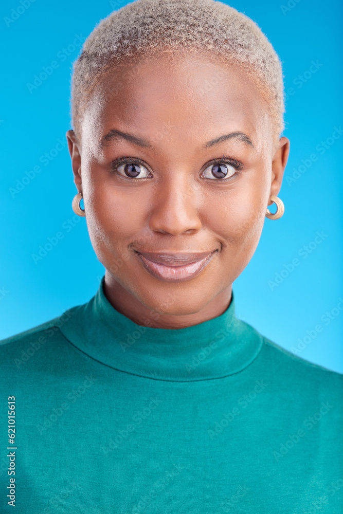 Portrait, cosmetics and black woman with confidence, smile or pride in blue studio background. Beaut