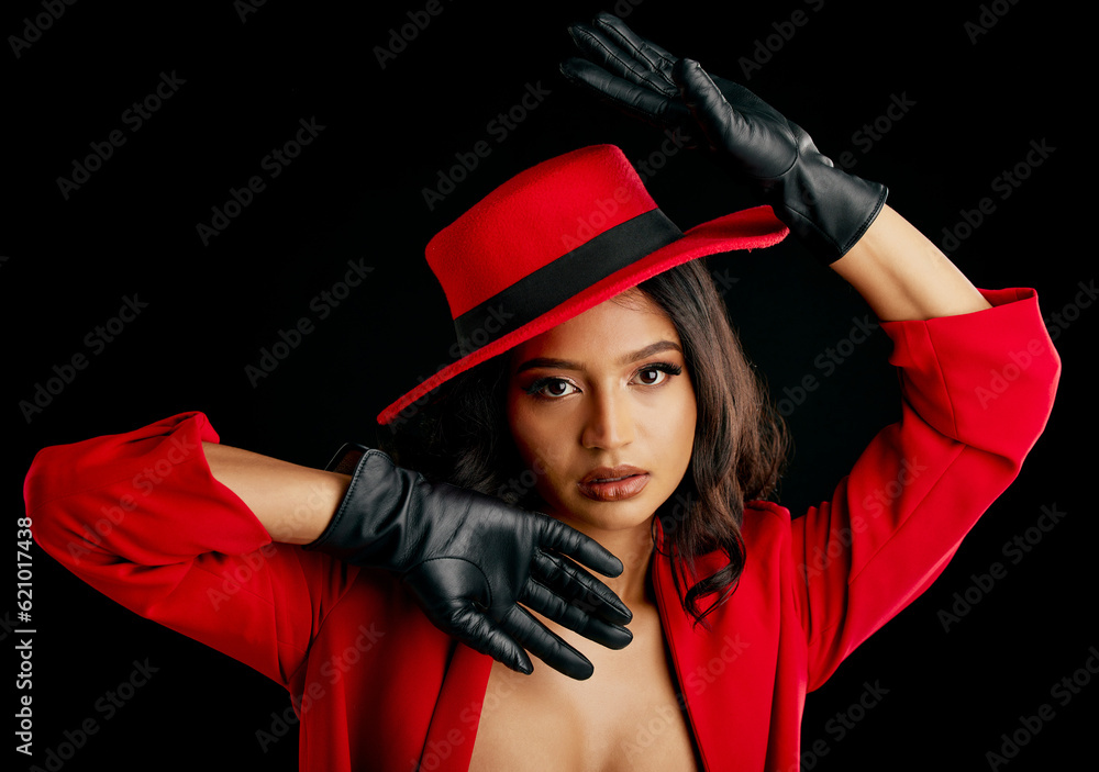 Woman, retro spy and glamour art portrait in studio with vintage fashion and cosplay agent. Young fe