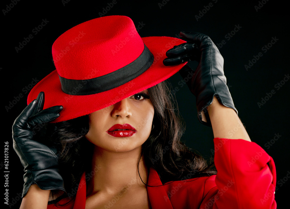 Fashion, woman and glamour in portrait with red hat or makeup in india with studio background. Elega