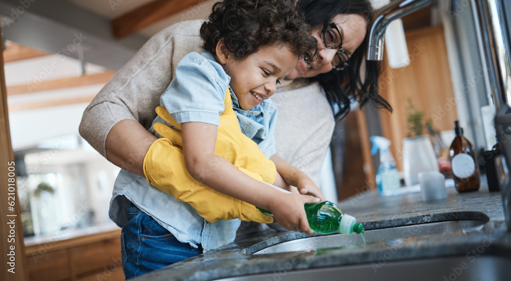 Washing, dishes and mother with child in kitchen for learning housework, teaching and helping with c