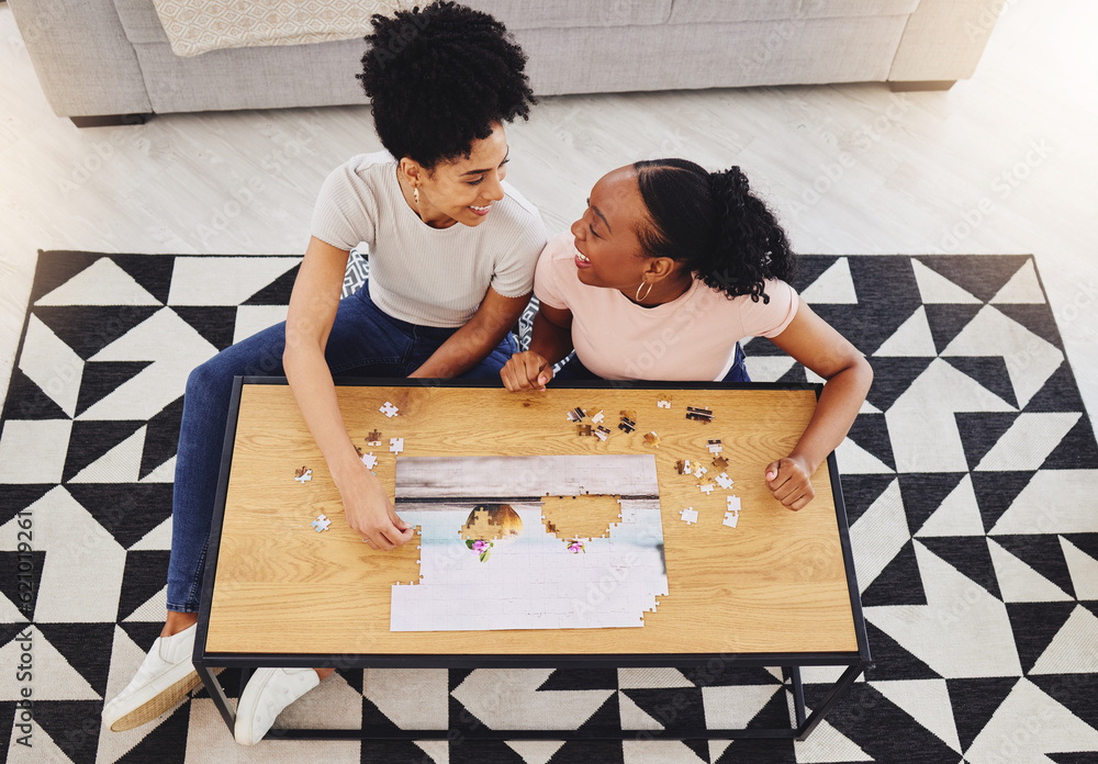 Puzzle, friends together and game in living room for fun, bonding or quality time of playing from ab