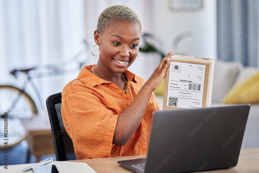 Logistics, business and black woman on laptop for video call, discussion and delivery startup ideas.