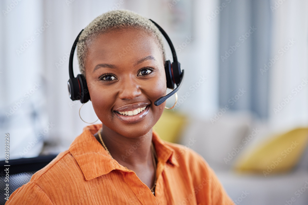 Black woman, call center and portrait with headphones for consulting, telemarketing or working remot