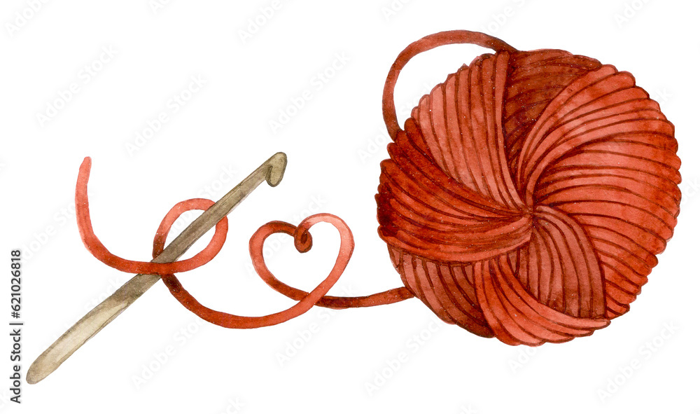 watercolor drawing. a ball of wool and a crochet hook. needlework vintage illustration.