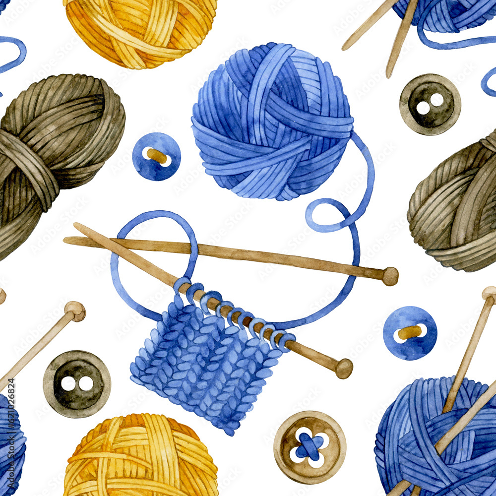 watercolor drawing. seamless pattern with balls of wool for knitting, knitting needles, crochet hook