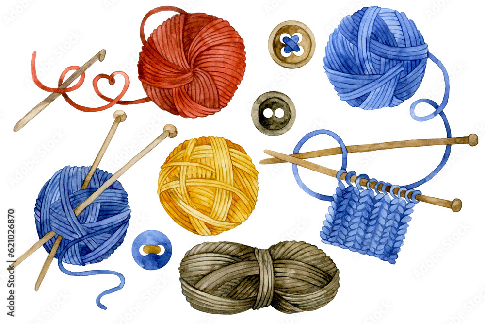 watercolor drawing. set with balls of wool for knitting, knitting needles, crochet hook. needlework 