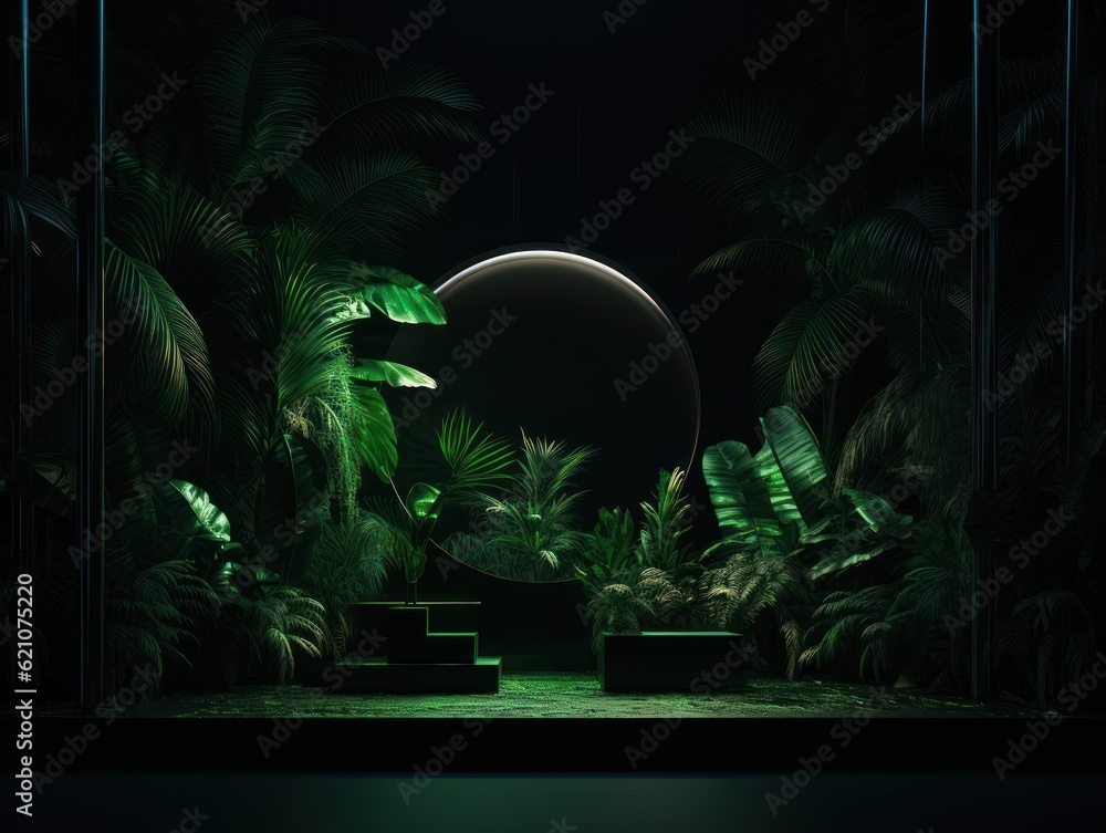 Tropical background with podium. Illustration AI Generative.