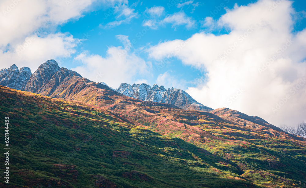 View of mountain peak from highway near Valdez in Alaska, USA.