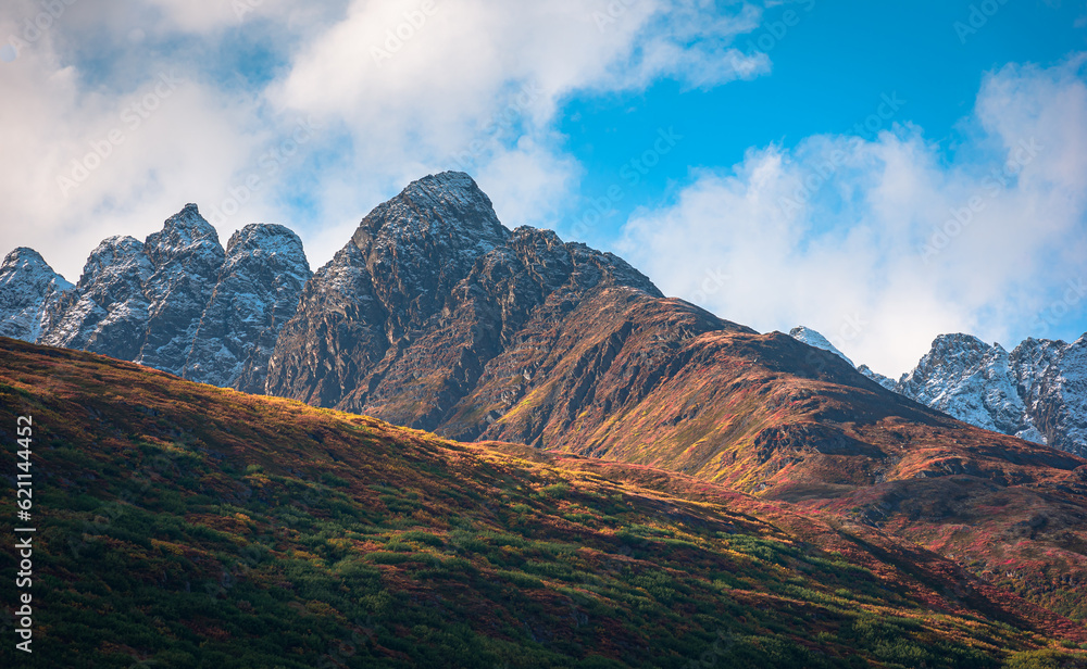 View of mountain peak from highway near Valdez in Alaska, USA.