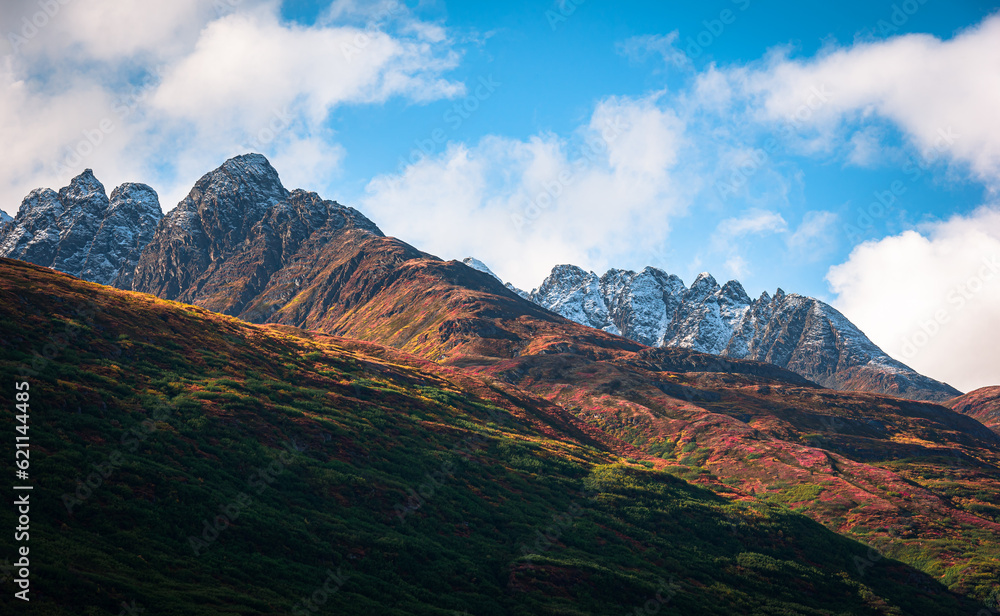 View of mountain peak from highway near Valdez in Alaska, USA.