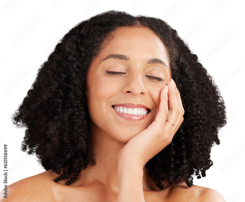 Natural beauty, skincare and face of happy woman isolated on transparent png background for luxury f