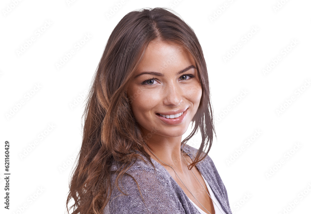 Portrait, happy and girl with natural beauty, confidence or college student on isolated, transparent