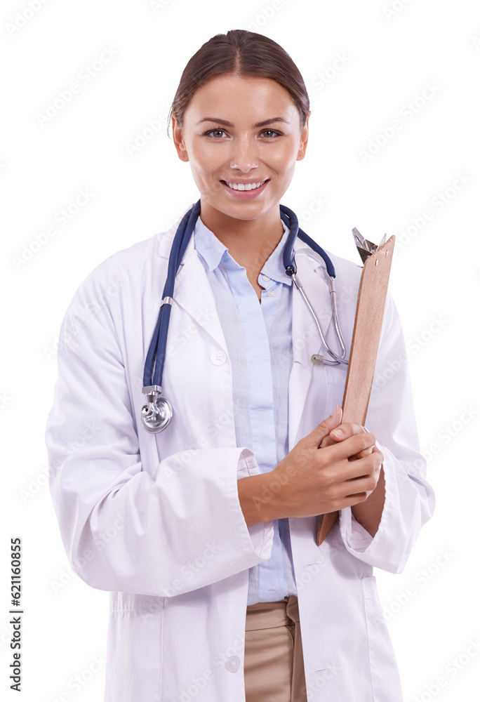 Clipboard, portrait and doctor or woman isolated on transparent png background for schedule or healt