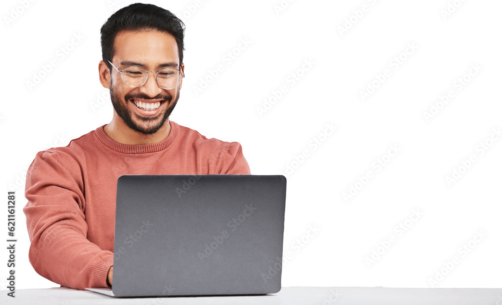 Man, laptop and worker smile with business work and typing email isolated on a transparent, png back